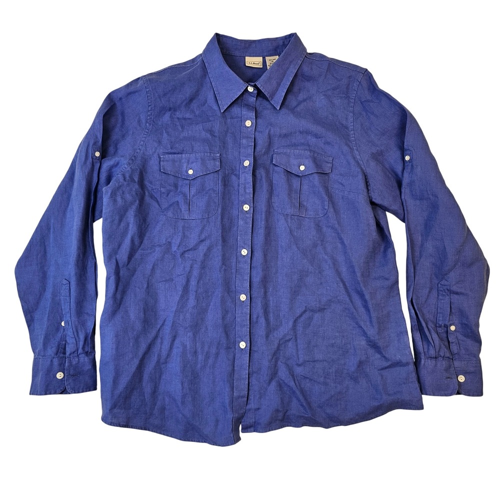 LL Bean Womens XL Blue 100% Linen Roll Tab Sleeve Button Down Shirt 0GYB2